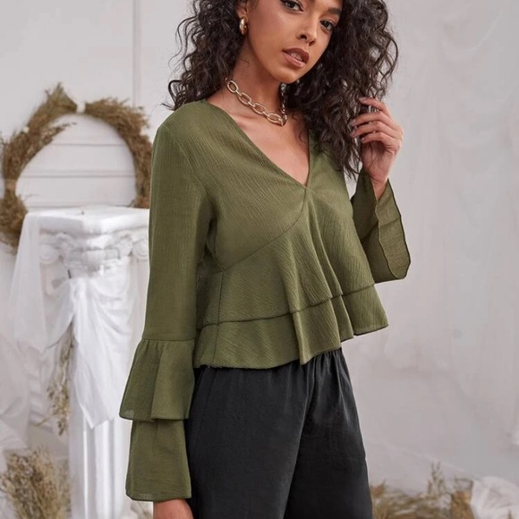- Tiered olive green bell sleeve top - Picture 2 of 3